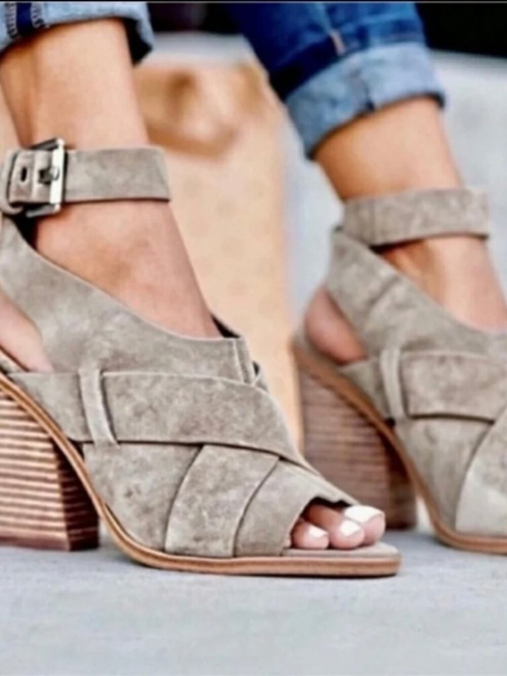 MARC FISHER LTD Suede Retro Ankle Wrap Sandals Sz 8 Open Toe Buckle Taupe